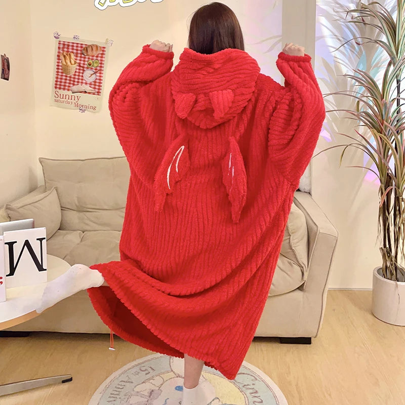 Winter Women Warm Pajamas With Horn Night Dress Women's Cartoon Little Demon Loose Nightshirt Femme Household Long Sleeve Hooded Night-robe ShopOnlyDeal