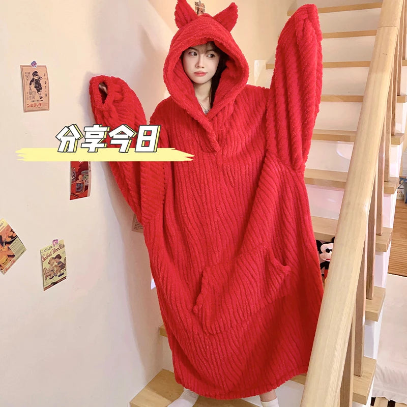 Winter Women Warm Pajamas With Horn Night Dress Women's Cartoon Little Demon Loose Nightshirt Femme Household Long Sleeve Hooded Night-robe ShopOnlyDeal