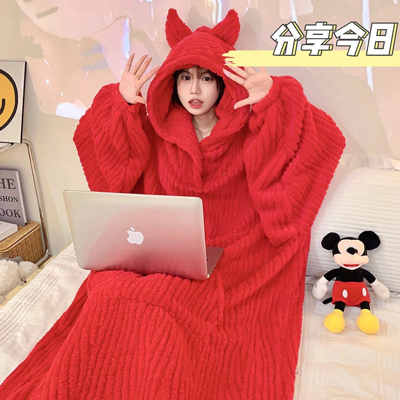 Winter Women Warm Pajamas With Horn Night Dress Women's Cartoon Little Demon Loose Nightshirt Femme Household Long Sleeve Hooded Night-robe ShopOnlyDeal