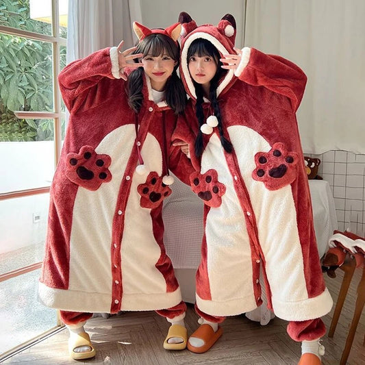 Fox Sleepwear Winter Women's Nightgown Cartoon Foxs Ladies Night Wear Women Pajamas Gown Cloak Robe Nightgown+Pants Coral Fleece Robes ShopOnlyDeal