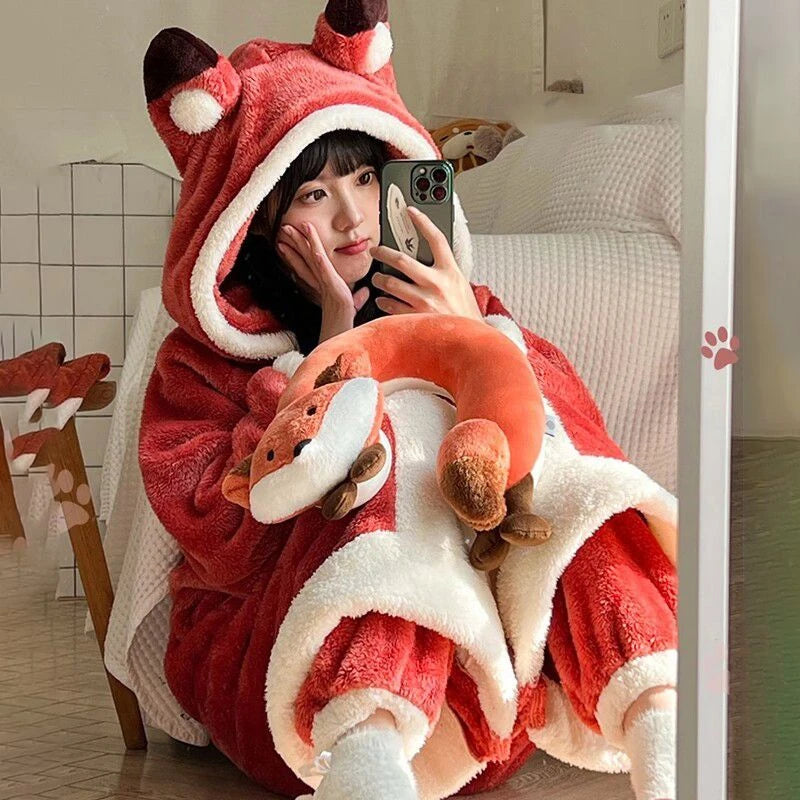 Fox Sleepwear Winter Women's Nightgown Cartoon Foxs Ladies Night Wear Women Pajamas Gown Cloak Robe Nightgown+Pants Coral Fleece Robes ShopOnlyDeal