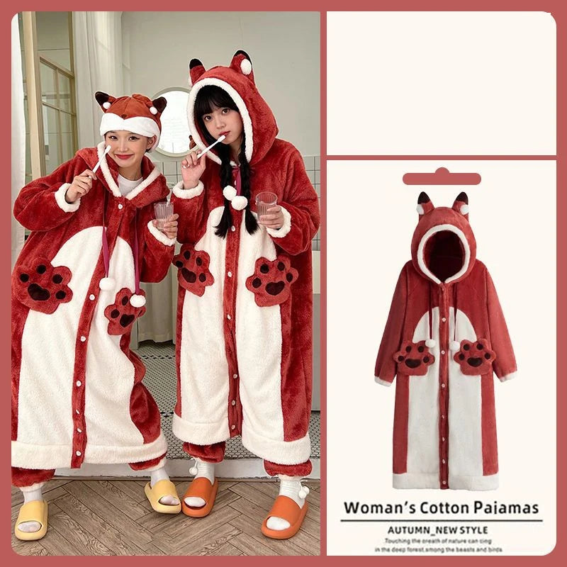 Fox Sleepwear Winter Women's Nightgown Cartoon Foxs Ladies Night Wear Women Pajamas Gown Cloak Robe Nightgown+Pants Coral Fleece Robes ShopOnlyDeal