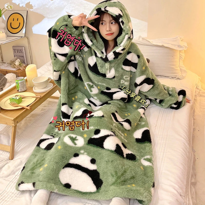 Kawaii Sleepwear Warm Winter Women's Robes Pajamas Cartoon Panda Print Coral Velvet Nightgown Thick Robe Ropa De Mujer Soft Warm Women Night Dress ShopOnlyDeal