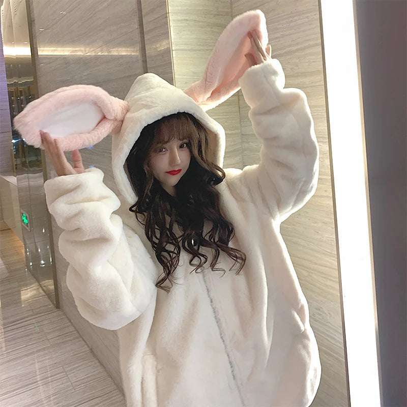 Women Cute Bunny Ear Long Sleeve Fuzzy Fluffy Rabbit Tops Sweatshirt Hoodie Jacket Coats Outerwear Autumn Winter Warm Female New ShopOnlyDeal