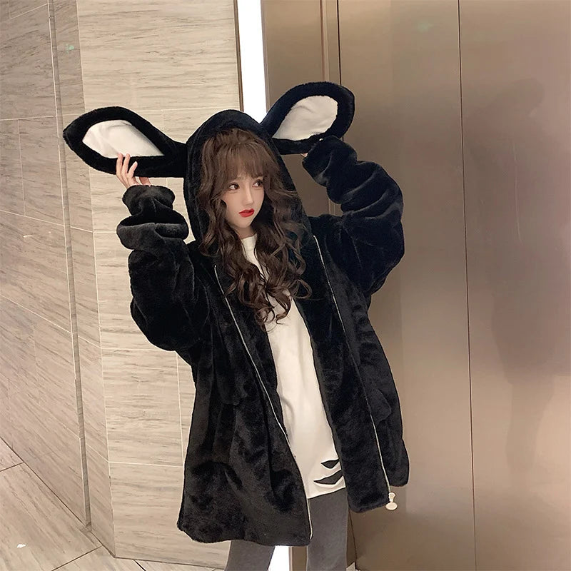 Women Cute Bunny Ear Long Sleeve Fuzzy Fluffy Rabbit Tops Sweatshirt Hoodie Jacket Coats Outerwear Autumn Winter Warm Female New ShopOnlyDeal