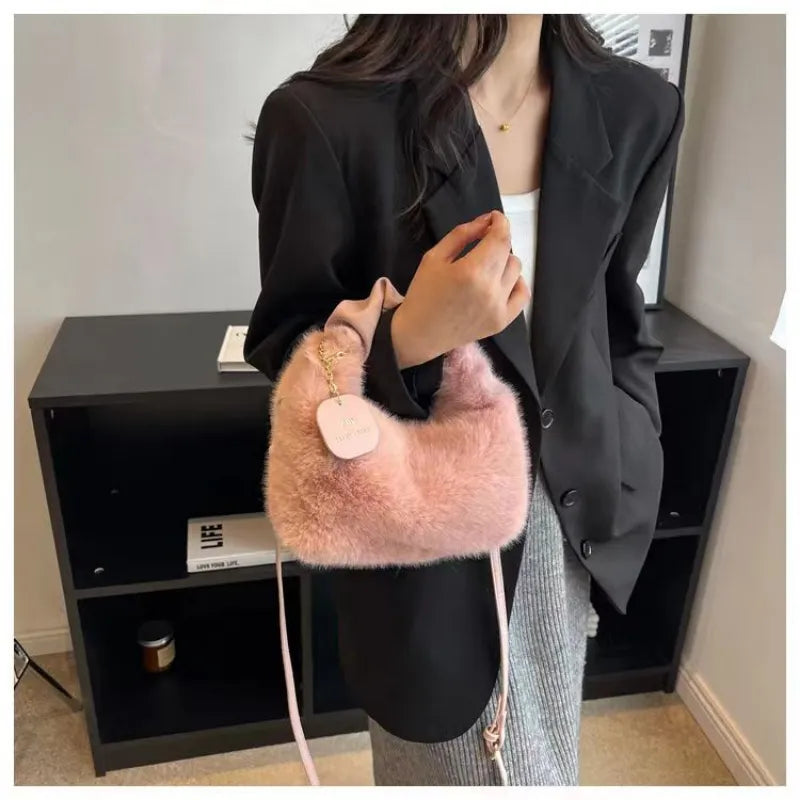 Faux Fur Handbags Zipper Small Lady Shoulder Crossbody Bag Casual Tote Half-Moon Hobos Winder ShopOnlyDeal