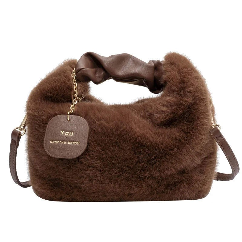 Faux Fur Handbags Zipper Small Lady Shoulder Crossbody Bag Casual Tote Half-Moon Hobos Winder ShopOnlyDeal