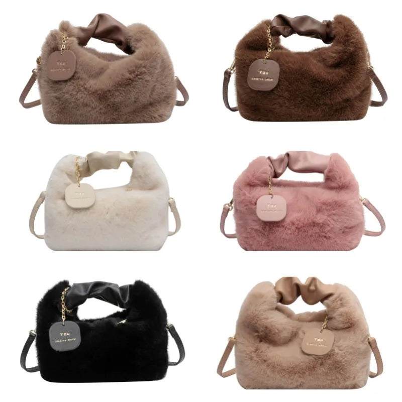 Faux Fur Handbags Zipper Small Lady Shoulder Crossbody Bag Casual Tote Half-Moon Hobos Winder ShopOnlyDeal