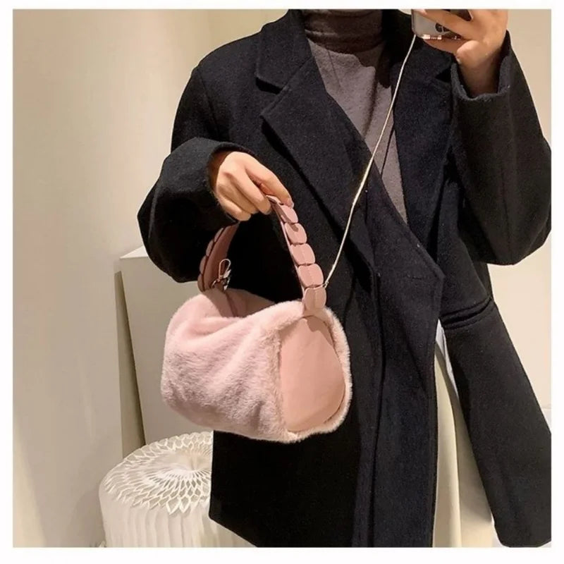 Faux Fur Handbags Women with Metal Chain Zipper Lady Shoulder Bag Armpit Casual Cube Doctor Crossbody Winter ShopOnlyDeal