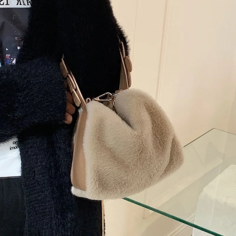 Faux Fur Handbags Women with Metal Chain Zipper Lady Shoulder Bag Armpit Casual Cube Doctor Crossbody Winter ShopOnlyDeal