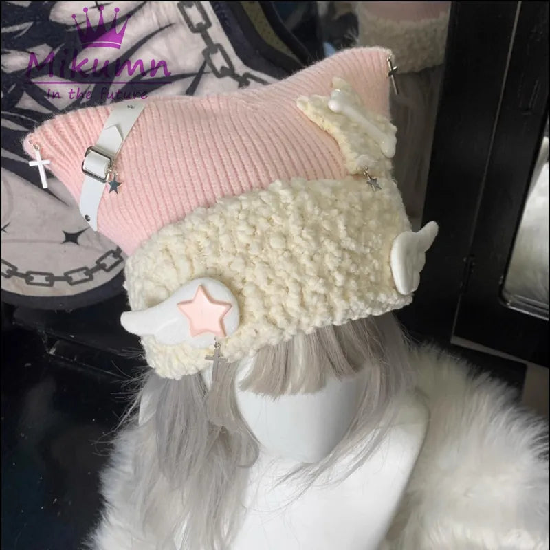 LOLITA HAT Women Harajuku Gothic Lolita Angel Wings Beanie Hat Japanese Y2K Girl Cross Star Bone Cat Ear Cap Autumn Winter Warm Knitted Hat ShopOnlyDeal