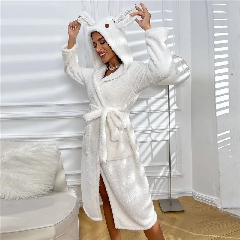Women Long Warm Bathrobe Fluffy Fleece Thermal Bath Robe Winter Dressing Gown Sleepwear Plus Size Ear Hooded Flannel Bathrobe ShopOnlyDeal