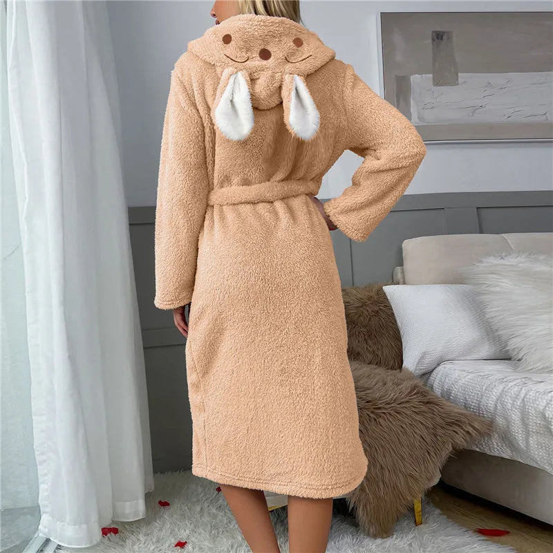 Women Long Warm Bathrobe Fluffy Fleece Thermal Bath Robe Winter Dressing Gown Sleepwear Plus Size Ear Hooded Flannel Bathrobe ShopOnlyDeal