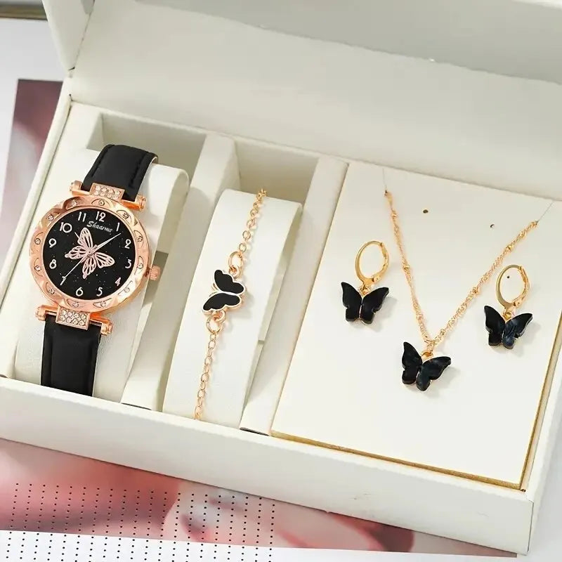 Rhinestone Butterfly Women's Luxury Watch Set - Elegant Fashion Ensemble - Women Luxury Watch Ring Necklace Earrings Rhinestone Butterfly Fashion Wristwatch Female Casual Ladies Watches Set Clock ShopOnlyDeal