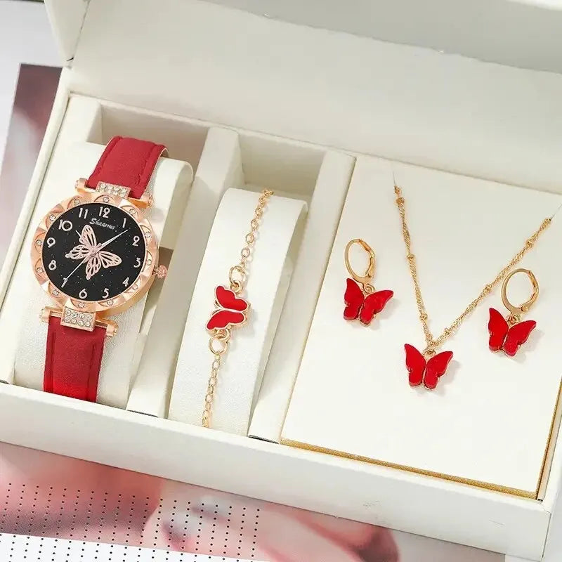 Rhinestone Butterfly Women's Luxury Watch Set - Elegant Fashion Ensemble - Women Luxury Watch Ring Necklace Earrings Rhinestone Butterfly Fashion Wristwatch Female Casual Ladies Watches Set Clock ShopOnlyDeal