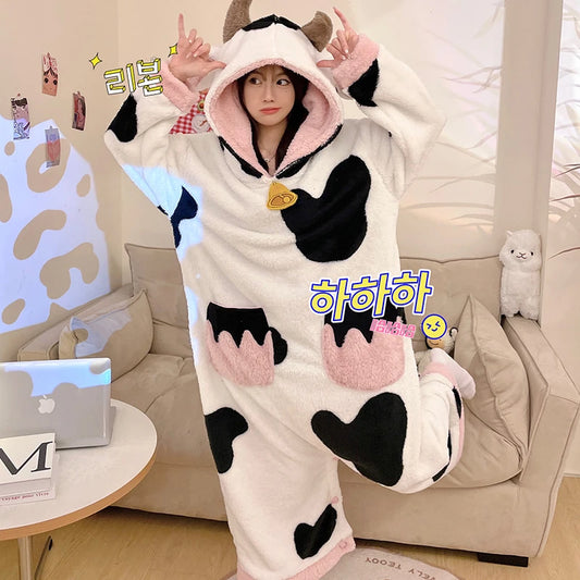 Women Pajamas Kigurumis Cow Onesie Adult Female Winter Sleepwear Zipper Hooded Thick Jumpsuits Soft Warm Fleece Pijama Mujer Hi MIKO Store