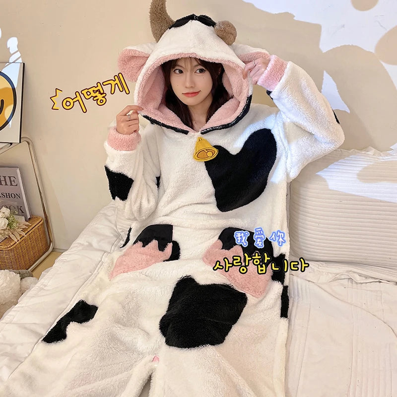 Women Pajamas Kigurumis Cow Onesie Adult Female Winter Sleepwear Zipper Hooded Thick Jumpsuits Soft Warm Fleece Pijama Mujer Hi MIKO Store