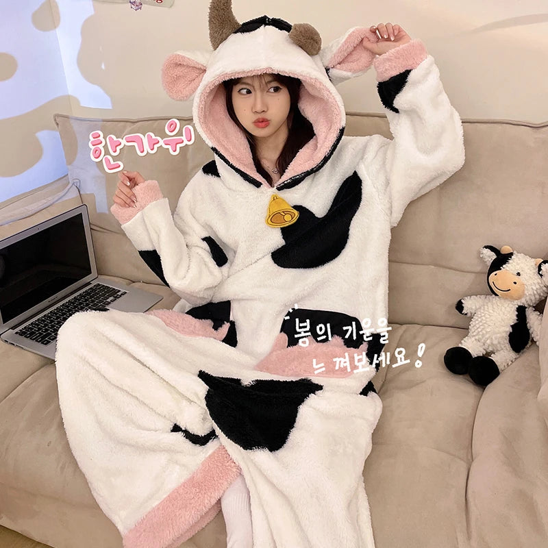 Women Pajamas Kigurumis Cow Onesie Adult Female Winter Sleepwear Zipper Hooded Thick Jumpsuits Soft Warm Fleece Pijama Mujer Hi MIKO Store