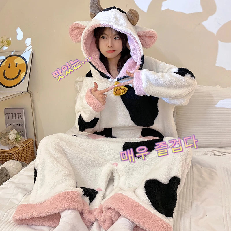 Women Pajamas Kigurumis Cow Onesie Adult Female Winter Sleepwear Zipper Hooded Thick Jumpsuits Soft Warm Fleece Pijama Mujer Hi MIKO Store