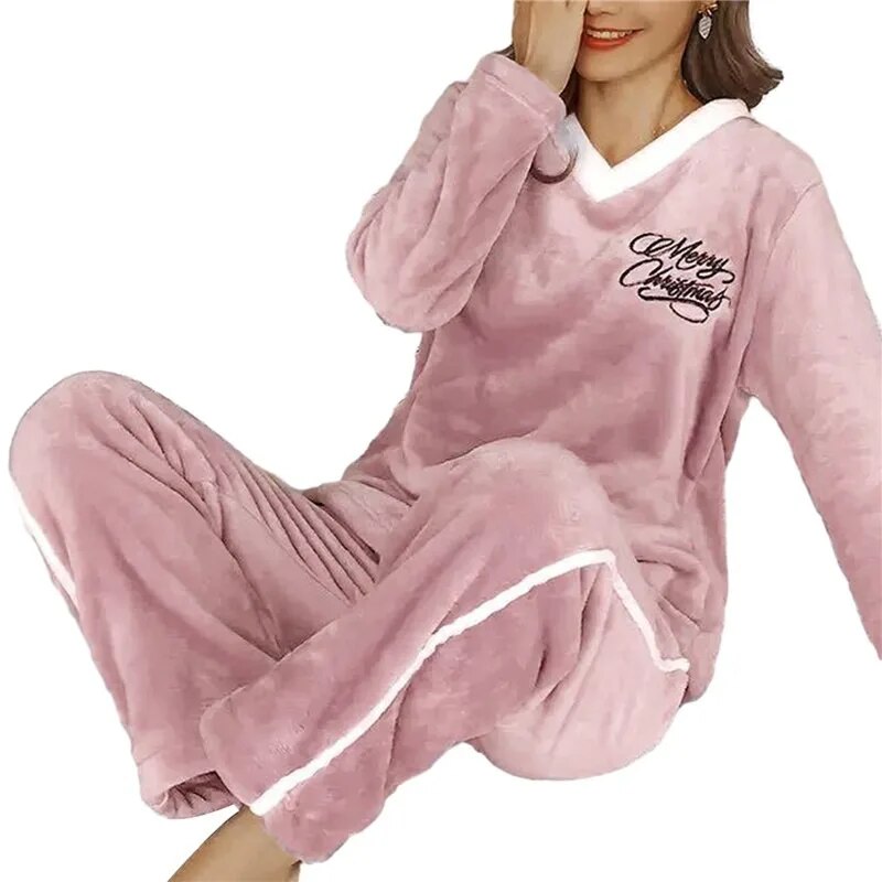 Women Pajamas Set Winter Sleepwear Solid Velvet 2 Piece Pant Home Suit Fluffy Casual Pajama Warm Round Neck Night Wear 2023 ShopOnlyDeal