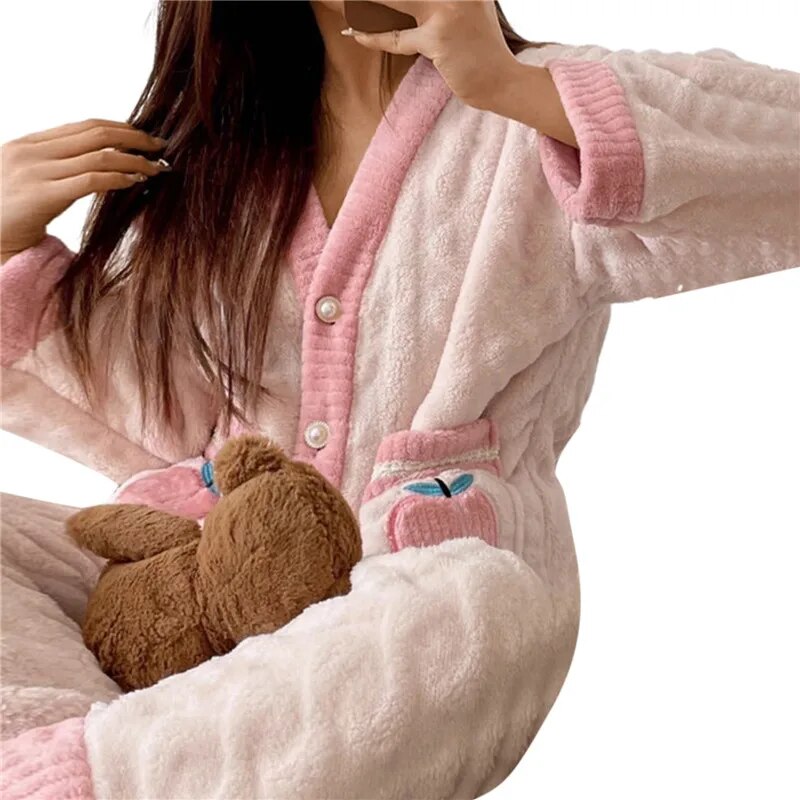 Women Pajamas Set Winter Sleepwear Solid Velvet 2 Piece Pant Home Suit Fluffy Casual Pajama Warm Round Neck Night Wear 2023 ShopOnlyDeal