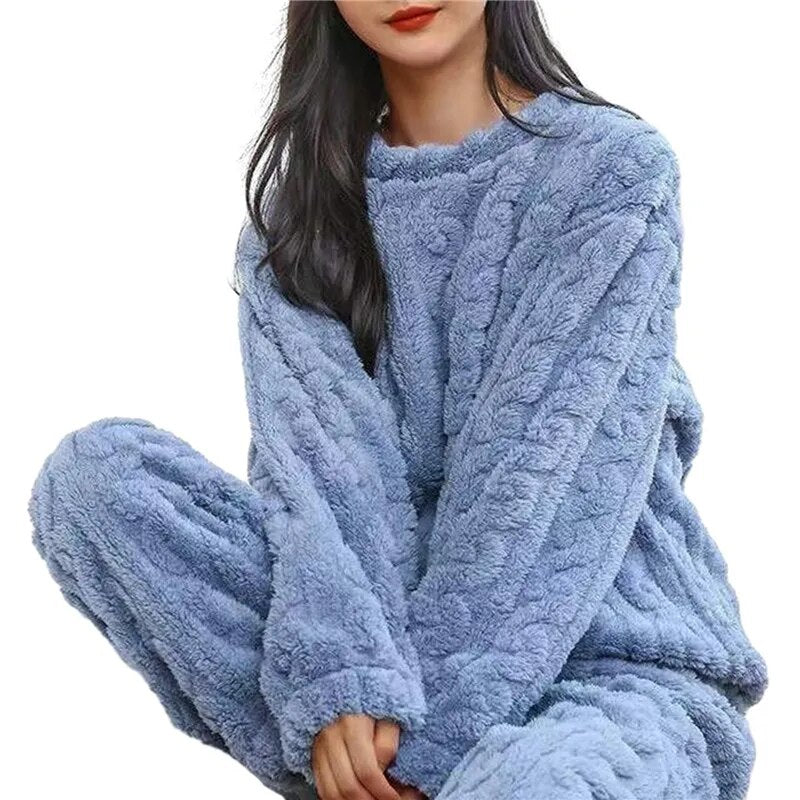 Women Pajamas Set Winter Sleepwear Solid Velvet 2 Piece Pant Home Suit Fluffy Casual Pajama Warm Round Neck Night Wear 2023 ShopOnlyDeal