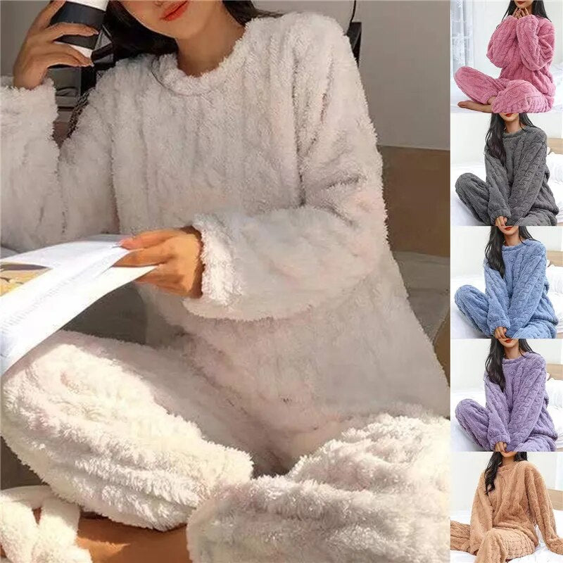 Women Pajamas Set Winter Sleepwear Solid Velvet 2 Piece Pant Home Suit Fluffy Casual Pajama Warm Round Neck Night Wear 2023 ShopOnlyDeal