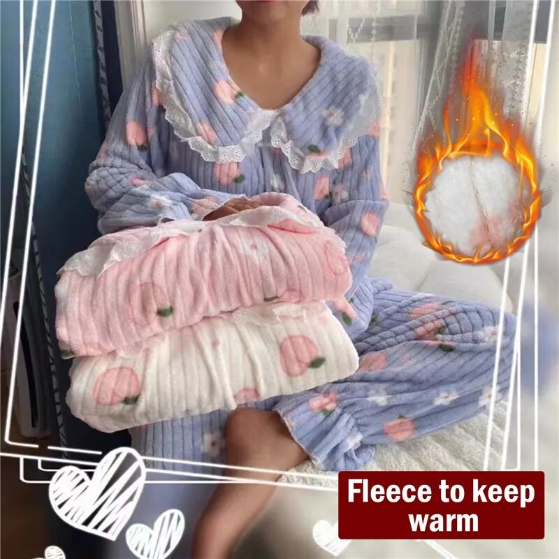 Women Pajamas Set Winter Sleepwear Solid Velvet 2 Piece Pant Home Suit Fluffy Casual Pajama Warm Round Neck Night Wear 2023 ShopOnlyDeal