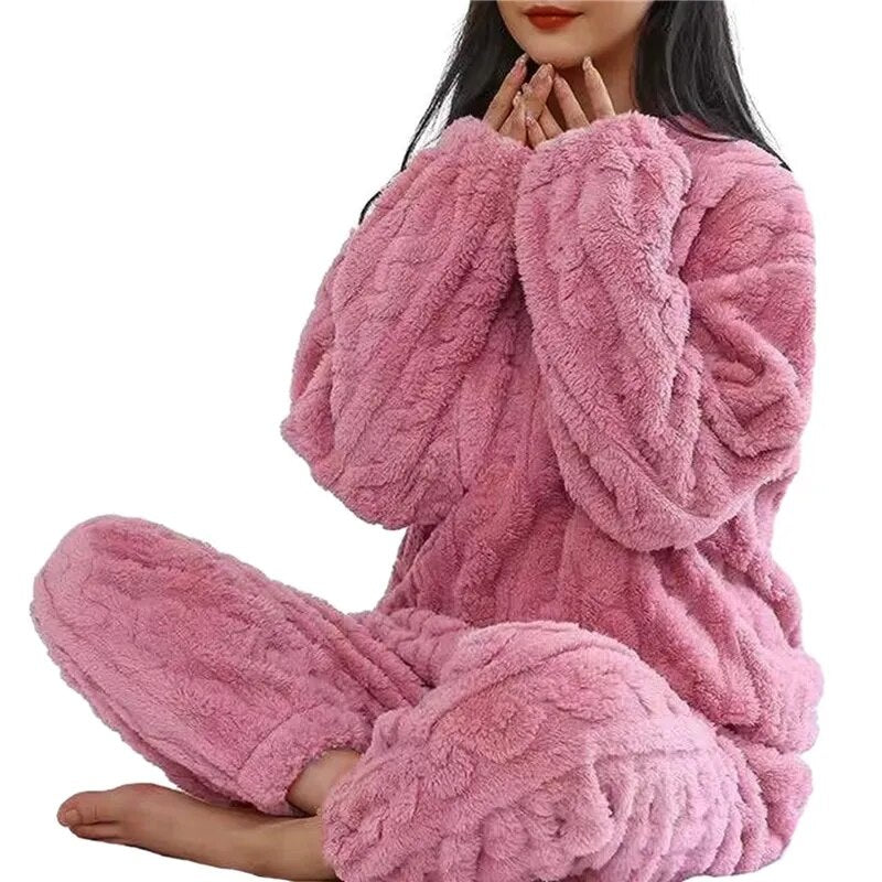 Women Pajamas Set Winter Sleepwear Solid Velvet 2 Piece Pant Home Suit Fluffy Casual Pajama Warm Round Neck Night Wear 2023 ShopOnlyDeal