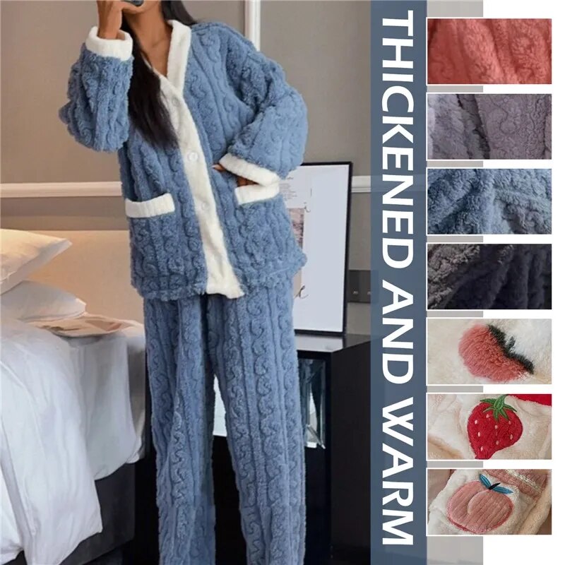 Women Pajamas Set Winter Sleepwear Solid Velvet 2 Piece Pant Home Suit Fluffy Casual Pajama Warm Round Neck Night Wear 2023 ShopOnlyDeal