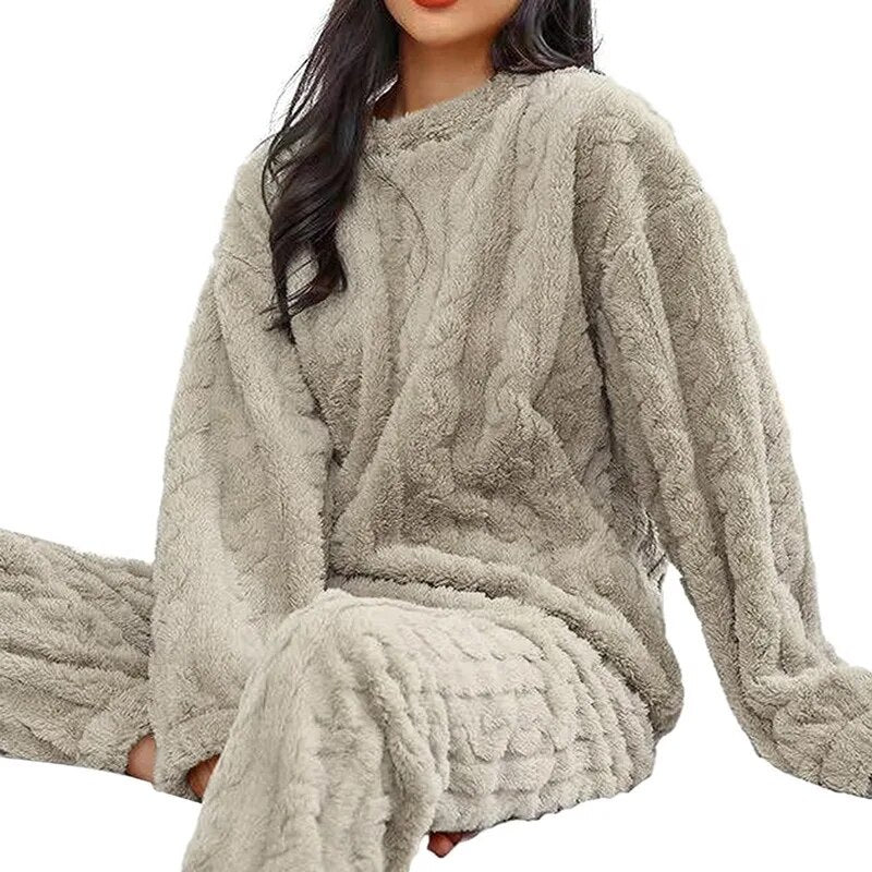 Women Pajamas Set Winter Sleepwear Solid Velvet 2 Piece Pant Home Suit Fluffy Casual Pajama Warm Round Neck Night Wear 2023 ShopOnlyDeal