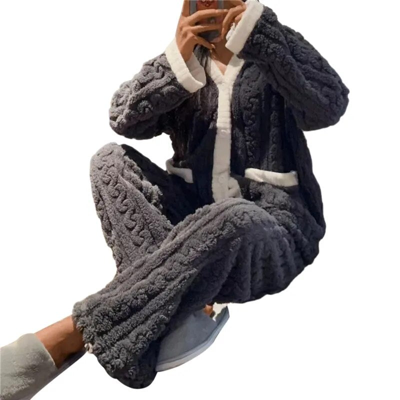 Women Pajamas Set Winter Sleepwear Solid Velvet 2 Piece Pant Home Suit Fluffy Casual Pajama Warm Round Neck Night Wear 2023 ShopOnlyDeal