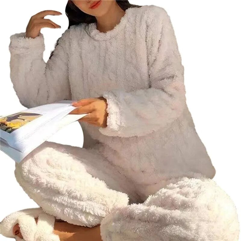 Women Pajamas Set Winter Sleepwear Solid Velvet 2 Piece Pant Home Suit Fluffy Casual Pajama Warm Round Neck Night Wear 2023 ShopOnlyDeal