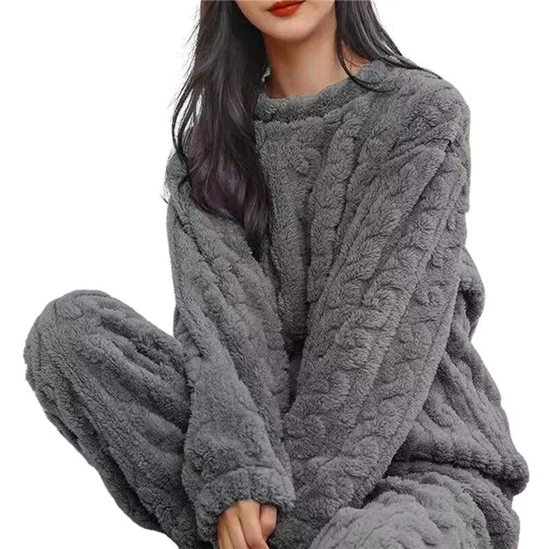 Women Pajamas Set Winter Sleepwear Solid Velvet 2 Piece Pant Home Suit Fluffy Casual Pajama Warm Round Neck Night Wear 2023 ShopOnlyDeal