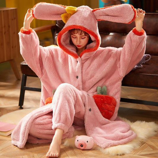Korean Style Sleepwear Pajamas Plus Size XXL Intensification Japanese Nighty Plush Set Winter Pyjamas Loose Version Medium Style Hooded Pajamas женский 9025 ShopOnlyDeal