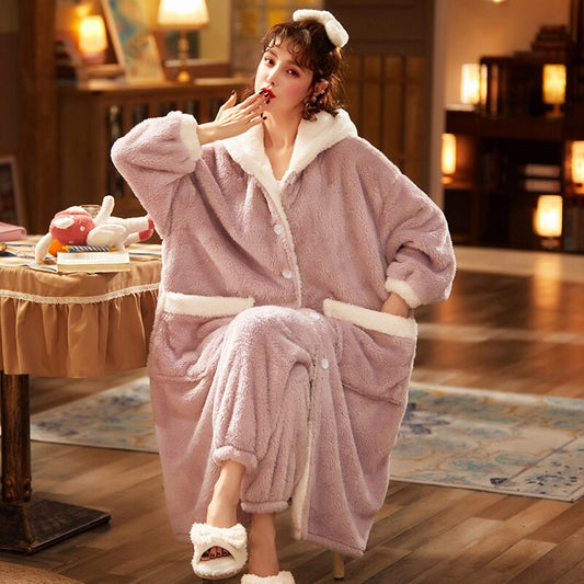 Korean Style Sleepwear Pajamas Plus Size XXL Intensification Japanese Nighty Plush Set Winter Pyjamas Loose Version Medium Style Hooded Pajamas женский 9020-1 ShopOnlyDeal