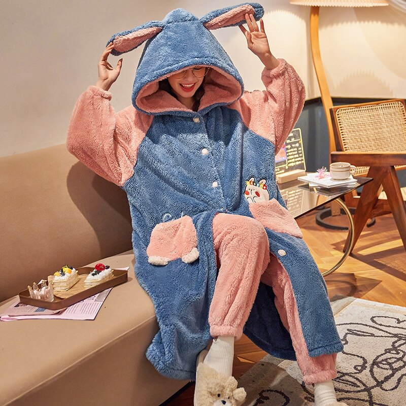 Korean Style Sleepwear Pajamas Plus Size XXL Intensification Japanese Nighty Plush Set Winter Pyjamas Loose Version Medium Style Hooded Pajamas женский 4818 ShopOnlyDeal