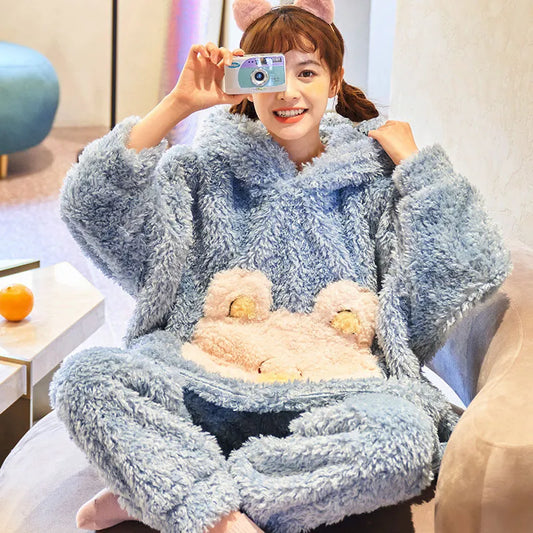 Women Sleepwear Plush Pajama Set Mink Wool Winter Pajamas Hooded Loose Version Medium Style Sherpa Nightgown Coral Fleece ShopOnlyDeal