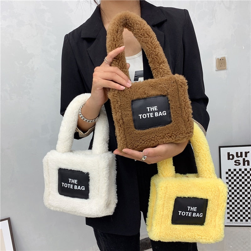 Tote Handbags Women Small Plush Lamb Like Fabric Wrist Bags Plain Fluffy Warm Cloth Makeup Bag Cute Mini Purses For Girls ShopOnlyDeal