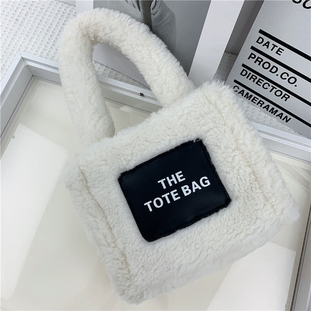 Tote Handbags Women Small Plush Lamb Like Fabric Wrist Bags Plain Fluffy Warm Cloth Makeup Bag Cute Mini Purses For Girls ShopOnlyDeal