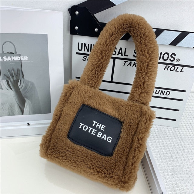 Tote Handbags Women Small Plush Lamb Like Fabric Wrist Bags Plain Fluffy Warm Cloth Makeup Bag Cute Mini Purses For Girls ShopOnlyDeal