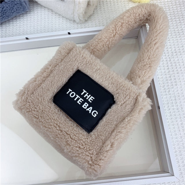 Tote Handbags Women Small Plush Lamb Like Fabric Wrist Bags Plain Fluffy Warm Cloth Makeup Bag Cute Mini Purses For Girls ShopOnlyDeal