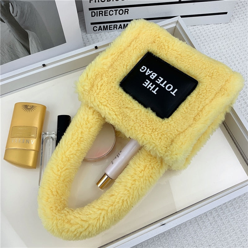 Tote Handbags Women Small Plush Lamb Like Fabric Wrist Bags Plain Fluffy Warm Cloth Makeup Bag Cute Mini Purses For Girls ShopOnlyDeal