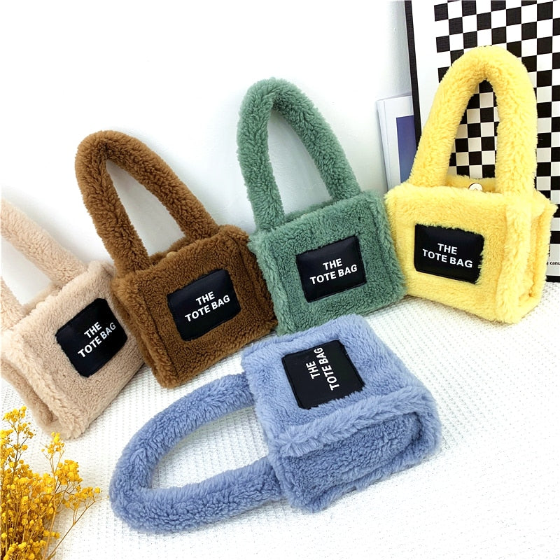 Tote Handbags Women Small Plush Lamb Like Fabric Wrist Bags Plain Fluffy Warm Cloth Makeup Bag Cute Mini Purses For Girls ShopOnlyDeal