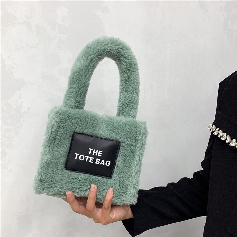 Tote Handbags Women Small Plush Lamb Like Fabric Wrist Bags Plain Fluffy Warm Cloth Makeup Bag Cute Mini Purses For Girls ShopOnlyDeal