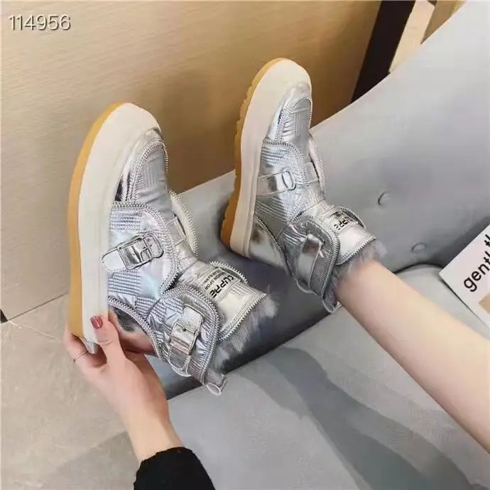 Women Snow Boots Winter Shoes Plush Warm Fur Boots Waterproof Patent Leather Ankle Booties Fashion  Botas  Black  White LUXXETON Chinese Store
