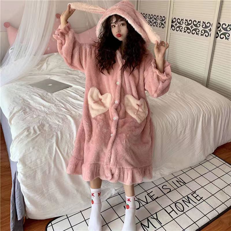 Winter / Autumn Strawberry Sleepwear Nightgown Flannel Warm Cute Sweet Hooded Sleepshirts Warm Cute Loose Cozy Thick Fashion Soft Women Nightwear X19338-pink ShopOnlyDeal