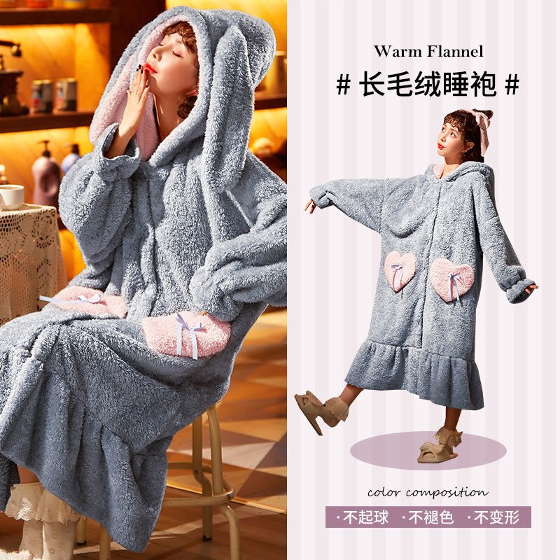 Winter / Autumn Strawberry Sleepwear Nightgown Flannel Warm Cute Sweet Hooded Sleepshirts Warm Cute Loose Cozy Thick Fashion Soft Women Nightwear X19338-blue ShopOnlyDeal