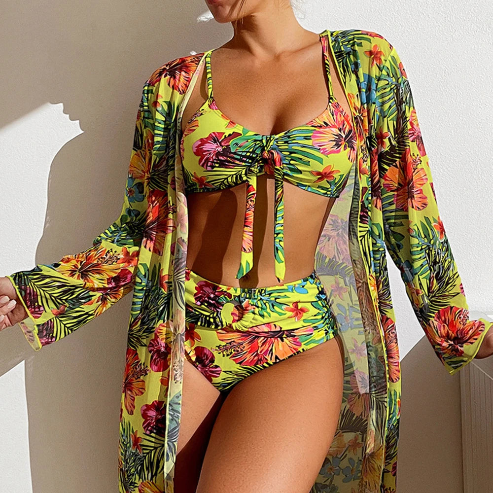 Make Waves in Style with Our Women's Swimsuit Bikini 3-Piece Set - Sexy Padded Bikini Set with Mesh Long-Sleeved Cover-Ups ShopOnlyDeal