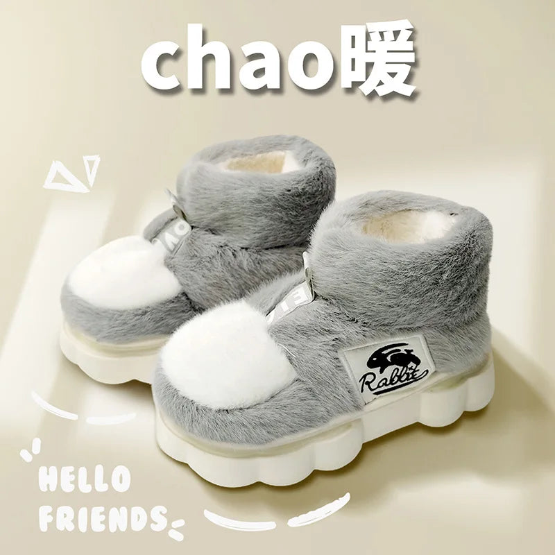 Winter Fluffy Women Warm Cotton Shoes Couples Winter Home Slippers Soft Plush Thick Sole Fluffy Footwear Female Male Indoor Street Snow Boots Nian Ci Store